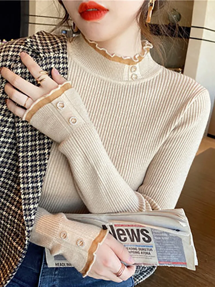 2024 Knitted Women Sweater O-neck Button Pullovers Spring Autumn Basic Sweaters for Female Pullover Slim Solid Bold Lace Tops