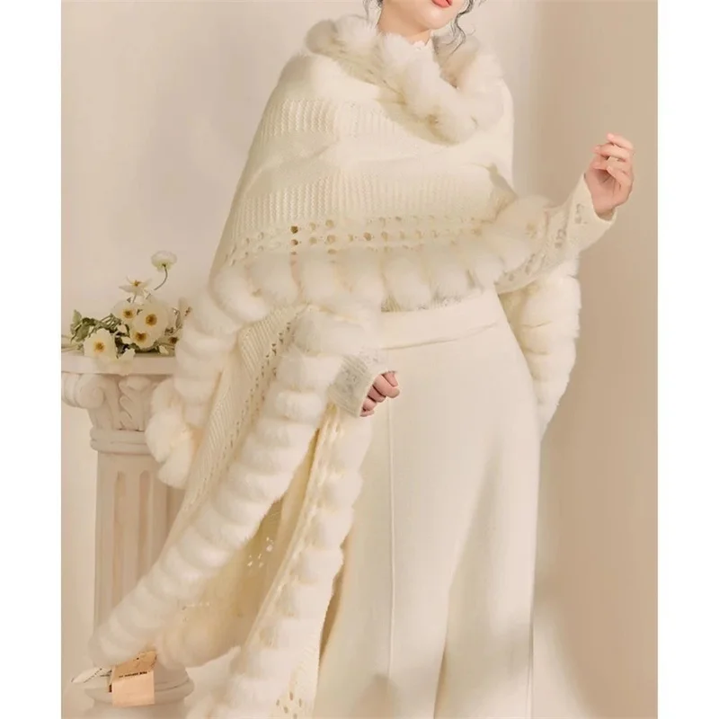 

Elegant fur Ball Slimming High-end Knitted Shawl Jacket for Autumn Winter Solid ColorTourist Attraction Photography Style JJ1061