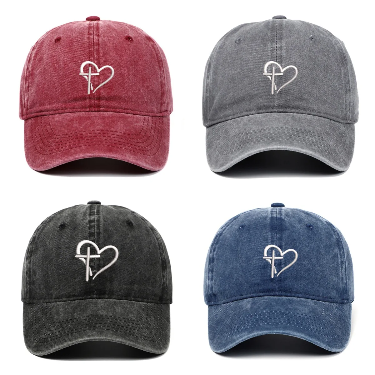 

Cross & Heart Embroidery Baseball Cap Washed Distressed Unisex Vintage Casual Style Outdoor Sun Protection Daily Street Hat