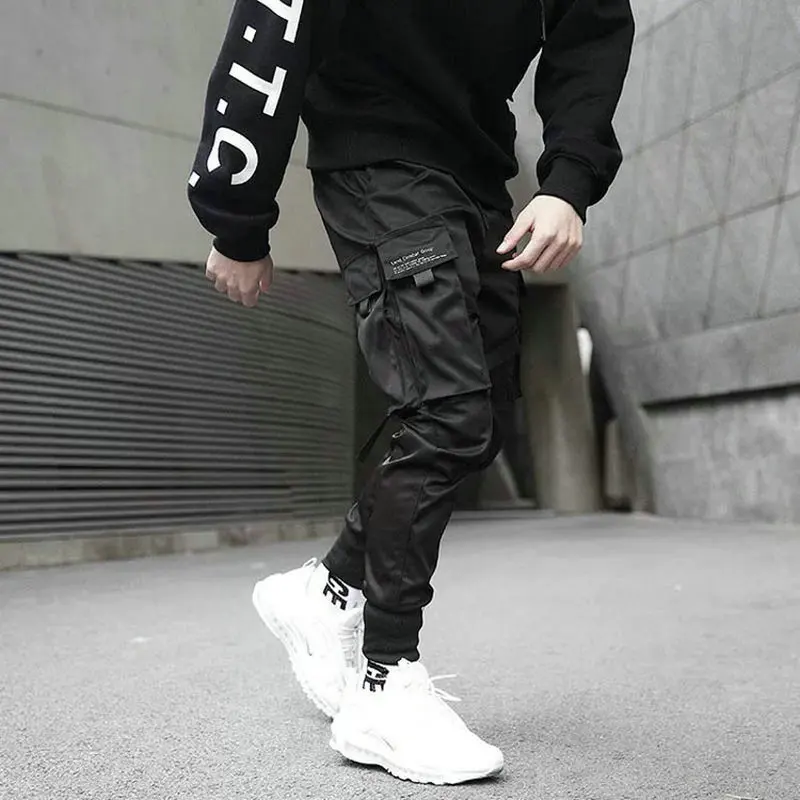 Pantalon Cargo en Coton avec Rubans pour Homme, Streetwear Décontracté, Harajuku, Mode Slim Fit, Jogging Noir, Printemps 2023