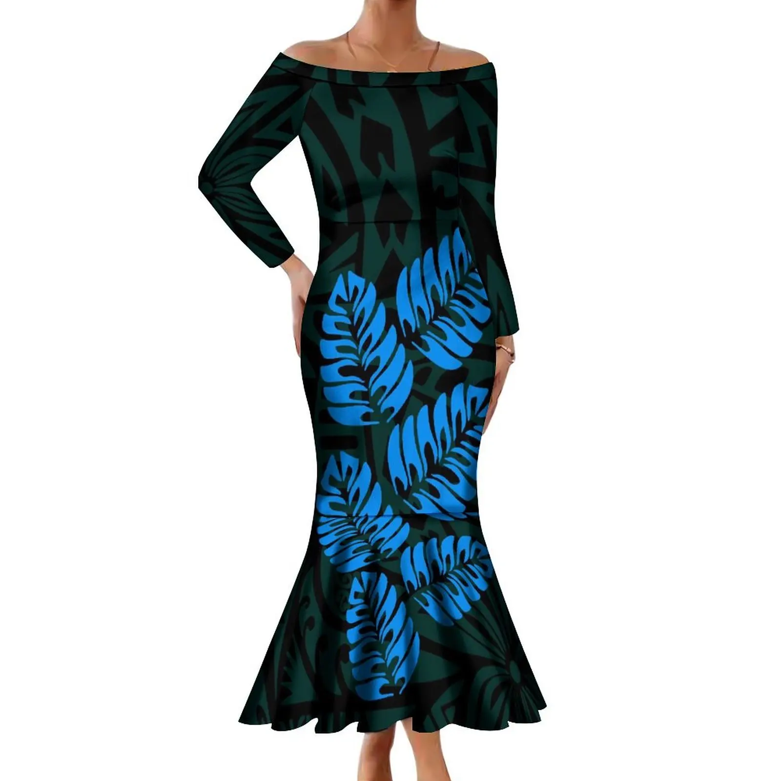 New Design Women'S Off-The-Shoulder Long Sleeve Dress Samoan Fishtail Maxi Polynesian Tribal Custom Vintage Print