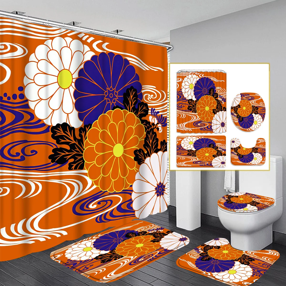 

4pcs Japanese pattern Shower Curtain, Shower Curtain with 12 Hooks, Bath Blanket, Toilet U-shaped Mat, Toilet Lid Cover Mat
