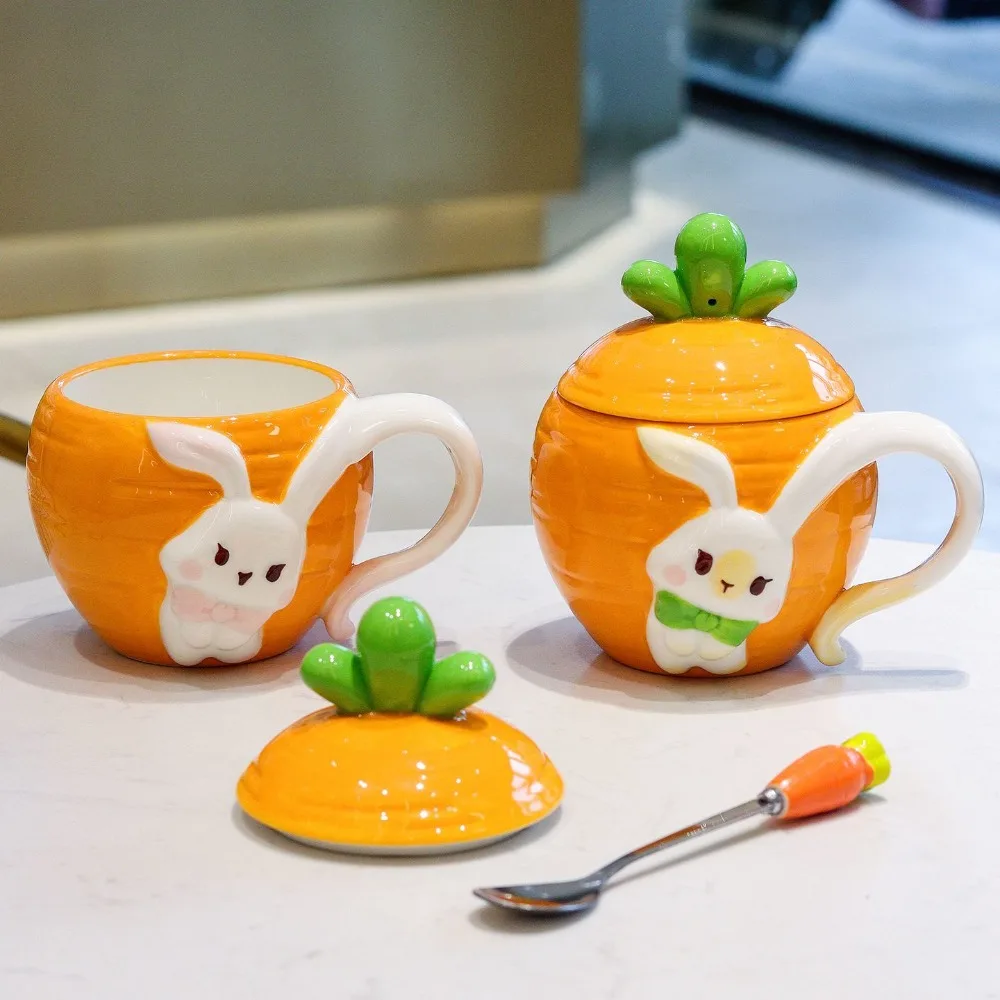 كوب سيراميك على شكل أرنب لطيف كوب سيراميك عالي القيمة مع غطاء كوب ماء للإفطار كوب منزلي كرتوني أدوات للشرب هدايا عيد الميلاد