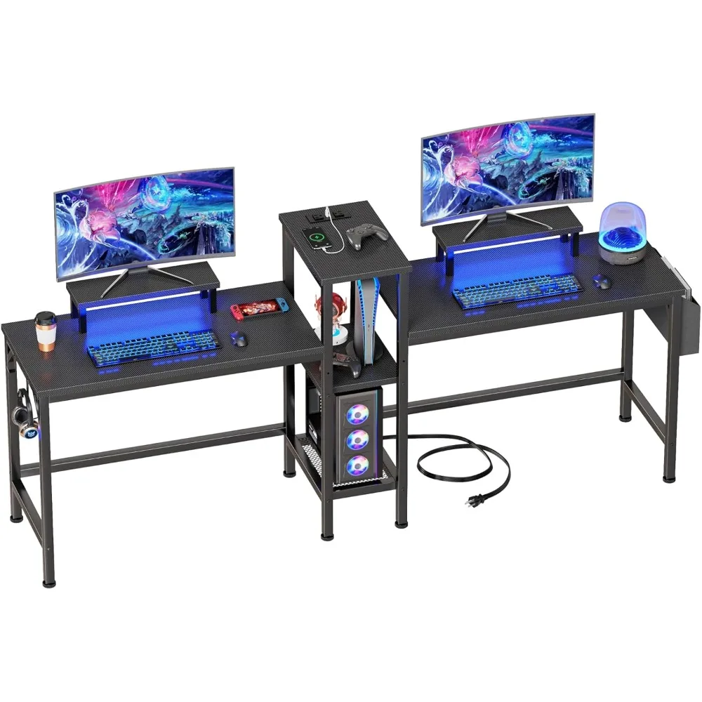 Double Table with LED Lights, 71 Inch Computer Desk, Power Socket and Monitor Stand, Storage Bag and Headphone Hook