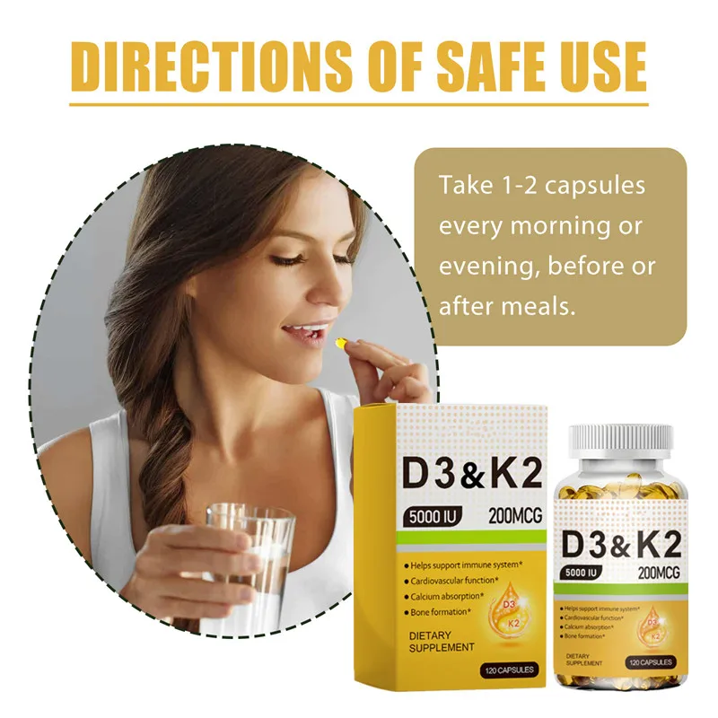 D3+K2 Vitamin D3 5000IU and 200 Mcg Vitamin K2 (MK-7) Vegan Capsules for Bone Density,teeth,skin,heart Health and Immunity.