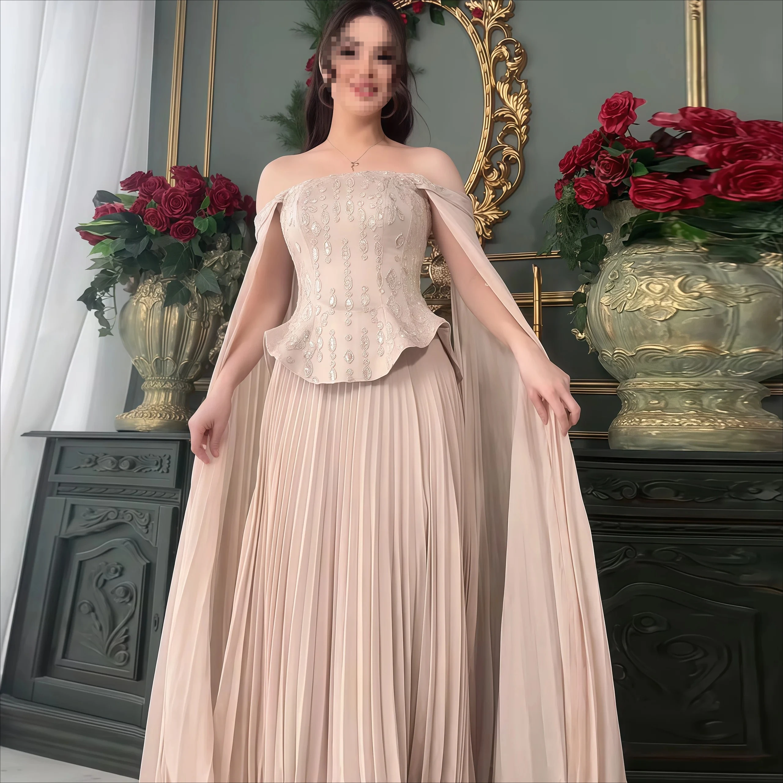 

Sharon Said Champagne Luxury Pleats Wine Red Evening Dresses for Wedding Party with Cape Sleeves Formal Gowns SS349 Customized