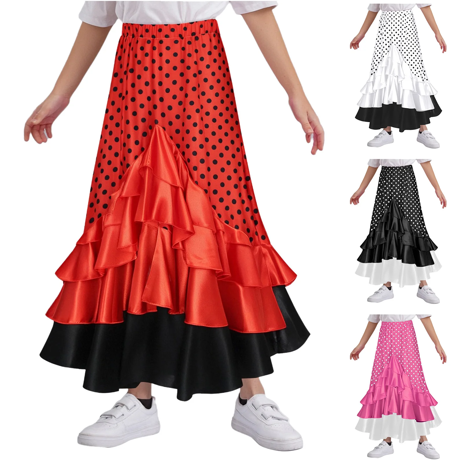 Falda de baile de lunares de Flamenco español para niñas, falda larga con volantes en capas para traje de competiciones de baile Flamenco