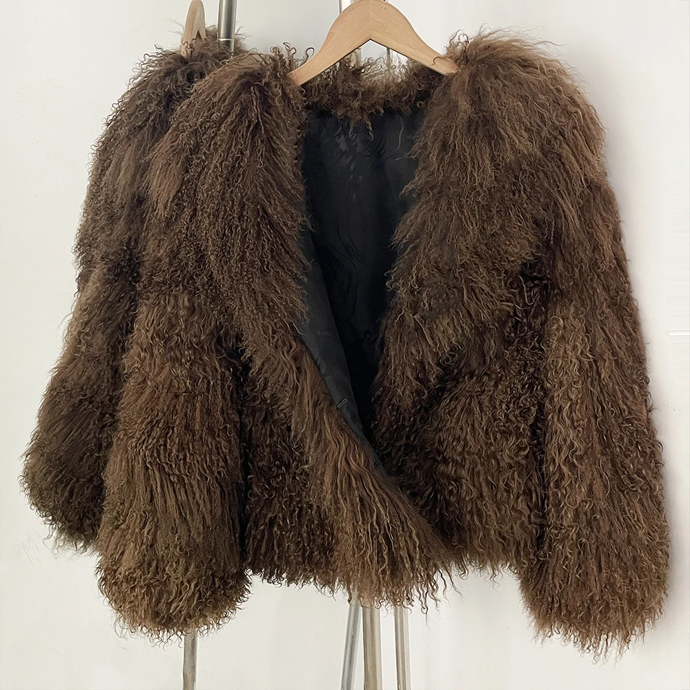 

Women's Winter Warm Genuine Mongolian Sheep Fur Coat Short Fluffy Jacket with Sturndown Collar Real Fur Sheepskin Outerwear