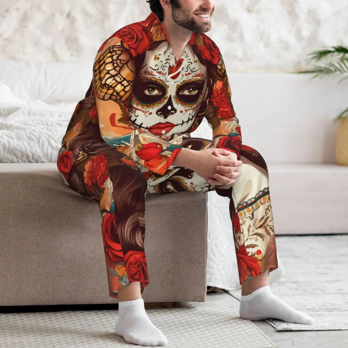 Day Of The Dead Female Long-sleeved Trousers Pajamas for Men Autumn and Winter Homewear Sleepwear Sets