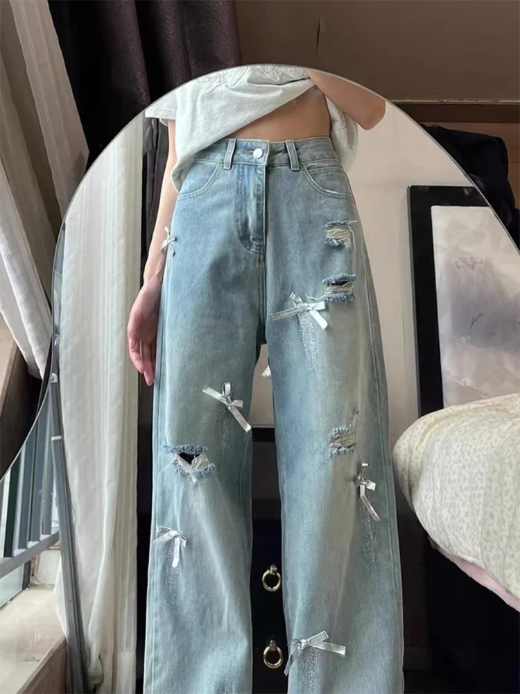 High Waist Wide Leg Jeans Women Loose Fit Denim Pants Torn Straight Leg Jeans for Pear aped Body plus Size Floor Length