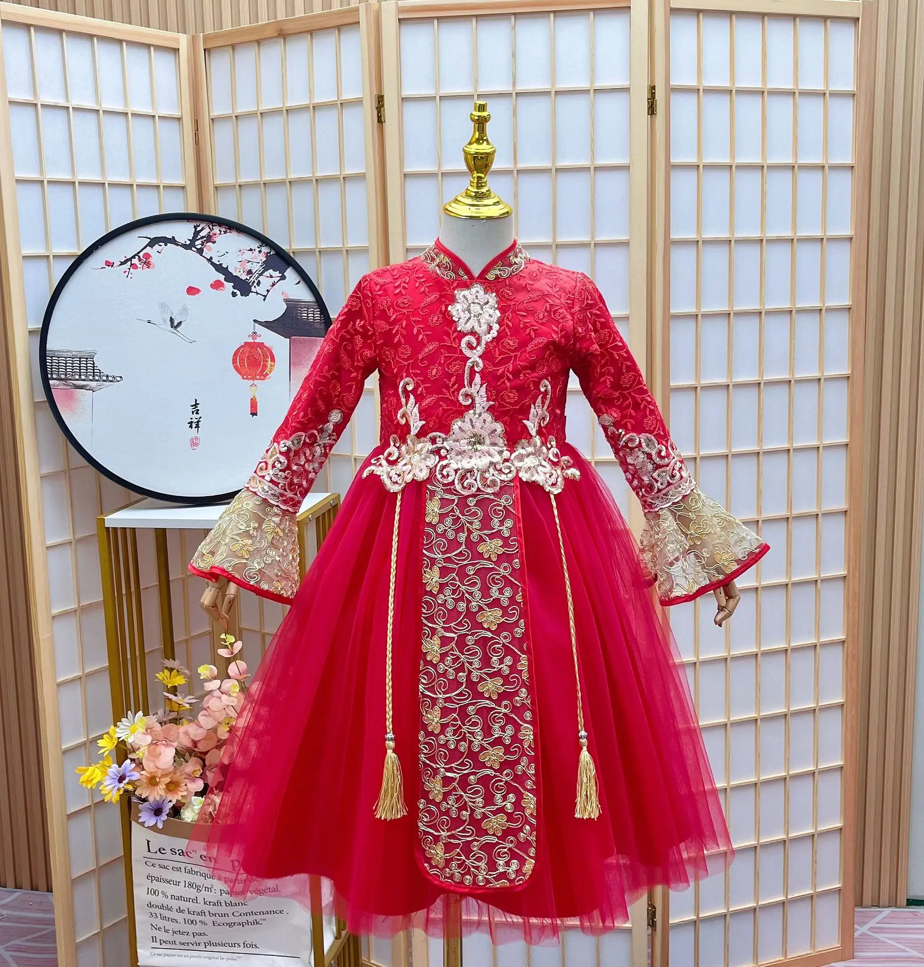 Girls Winter Cheongsam Hanfu Dress Embroider Baby Kids Tangsuit Children Party Wedding Dress Gift Red Chines New Year Clothing