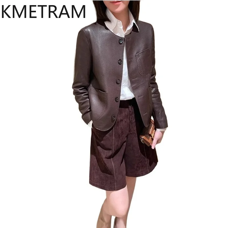 

KMETRAM Real Top-Grain Sheepskin Leather Jacket Woman Lychee Patterned Short Coat O-Neck Casual Jackets 2026 Fall Women Clothing