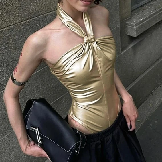 Sexy Women Golden Halter Cami Tank Top Y2K Streetwear Twisted Knot Slim Fit Sleeveless One Piece Bodysuit For Club Party