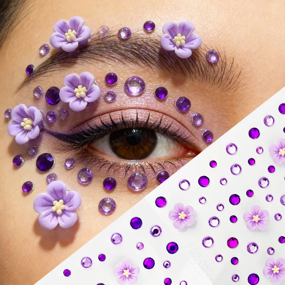 

1/2 шт. 5D смешанные фиолетовые цветочные наклейки для лица со стразами и пятилепестковыми цветами, временные тату-наклейки, DIY, весенняя коллекция