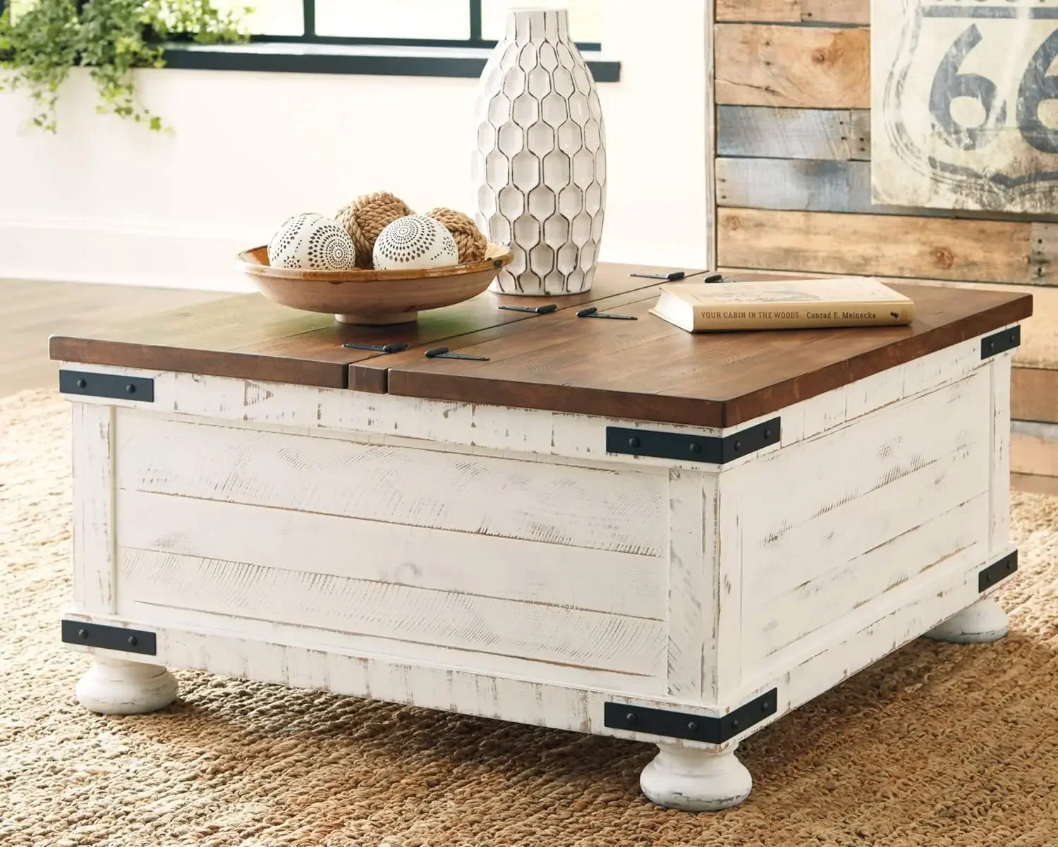 Signature Design by Ashley Wystfield Farmhouse Square Storage Coffee Table with Hinged Lift Top, Distressed White