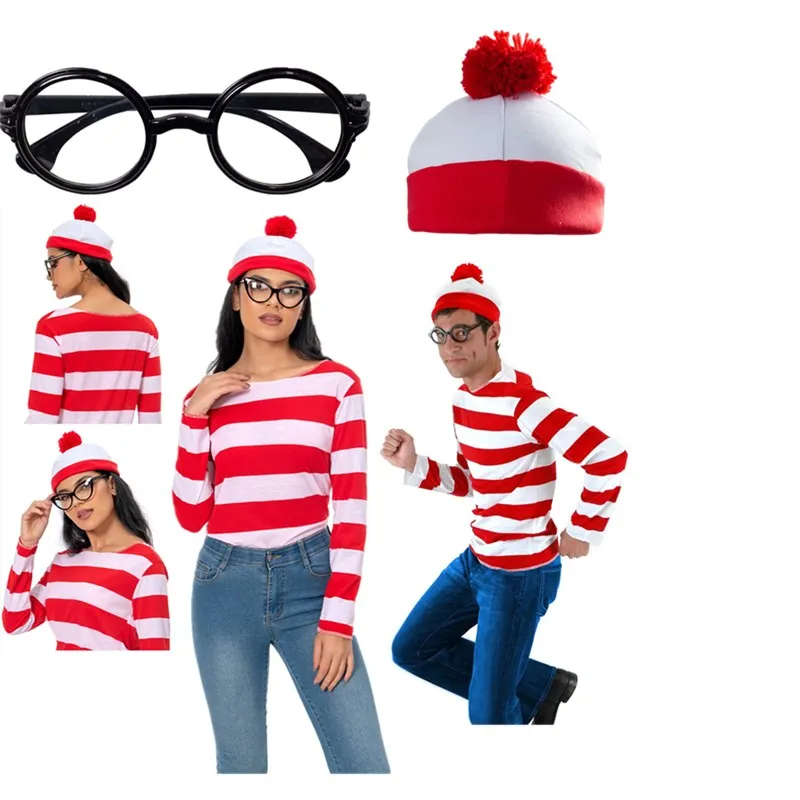 Disfraz de Cosplay para hombre y mujer, camisa a rayas rojas y blancas, sombrero, gafas, trajes, traje de fiesta de Carnaval de Halloween