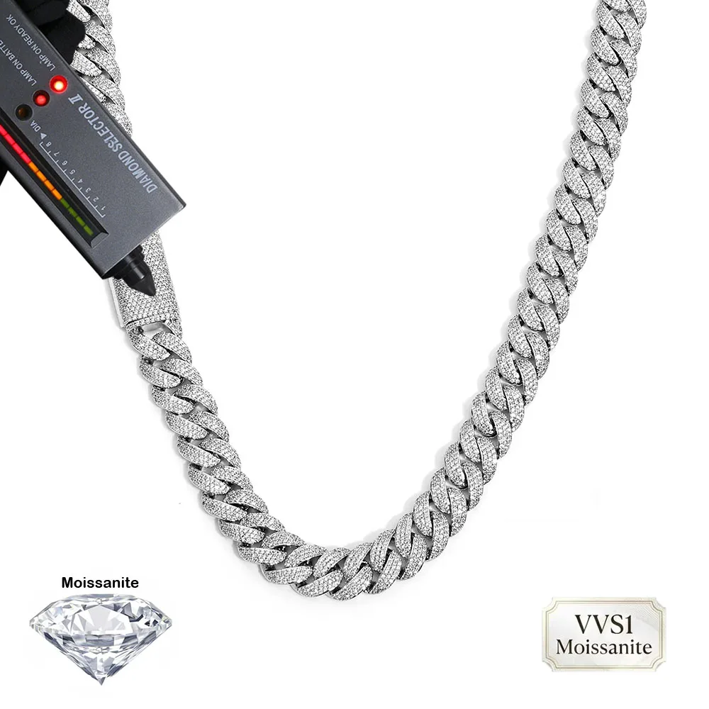 Full Pave VVS1 Moissanite Cuban Link Chain Pass Diamond Tester 925 Silver Iced Out Hip Hop Mens Necklace With GRA Certificate