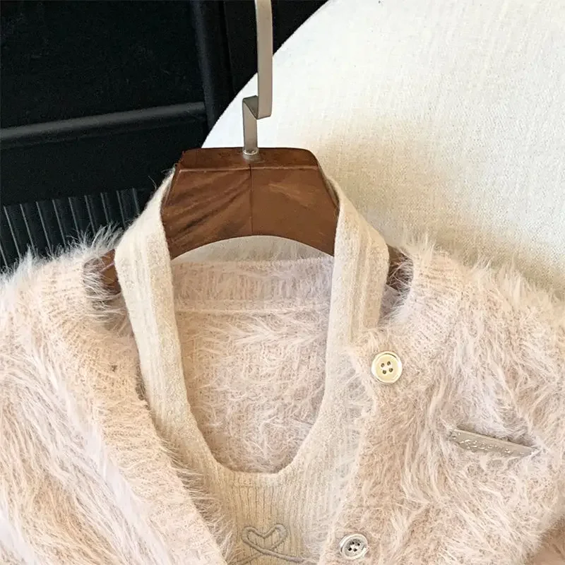 Sexy Halter Vest Pink Cardigan Mink Cashmere Sweet Korean Fashion Knitwear Jacket 2 Sets Tanks Pull Femme Y2k Sweater