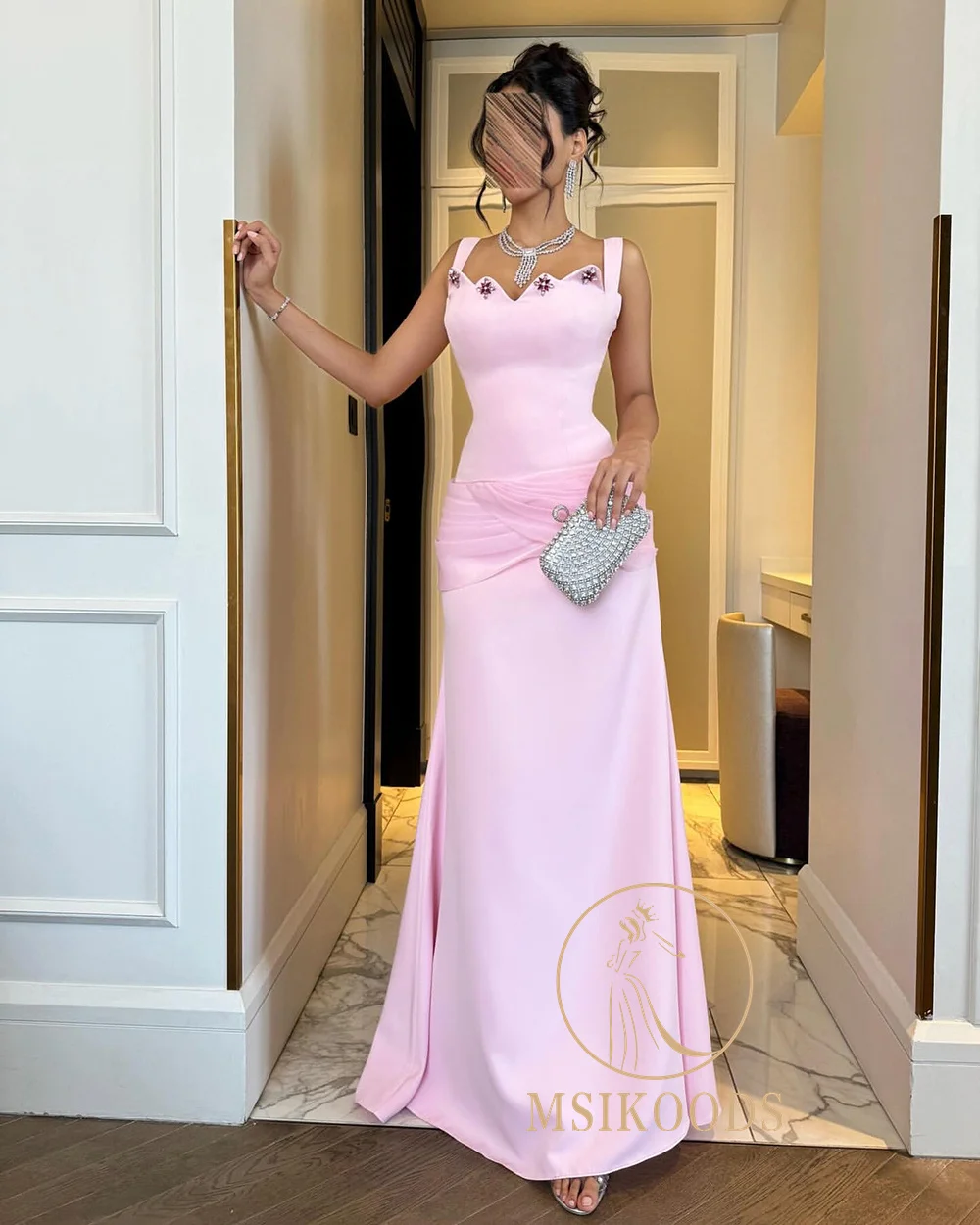 فساتين سهرة وردية من Msikoods 2025 أنيقة مطوي مطرز بالخرز فستان رسمي طويل للحفلات الراقصة ثنيات فستان الحفلات العربية حسب الطلب