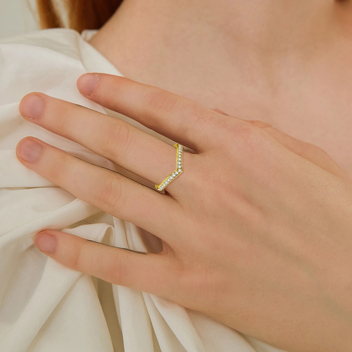 V Shape Smile Moissanite Ring Real 14K Gold Filled for Women Minimalist Suitable for layering Casual Everyday Trendy Jewelry