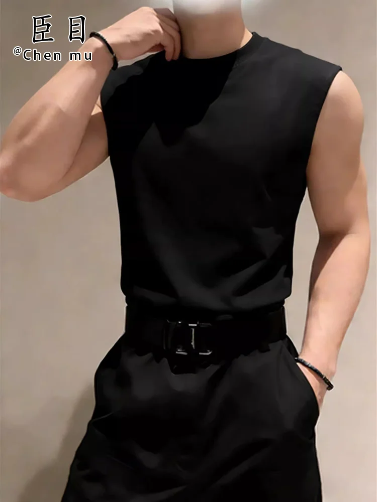 

Мужская летняя хлопковая майка свободного кроя в американском стиле, спортивная футболка с круглым вырезом и маленьким воротником, однотонная