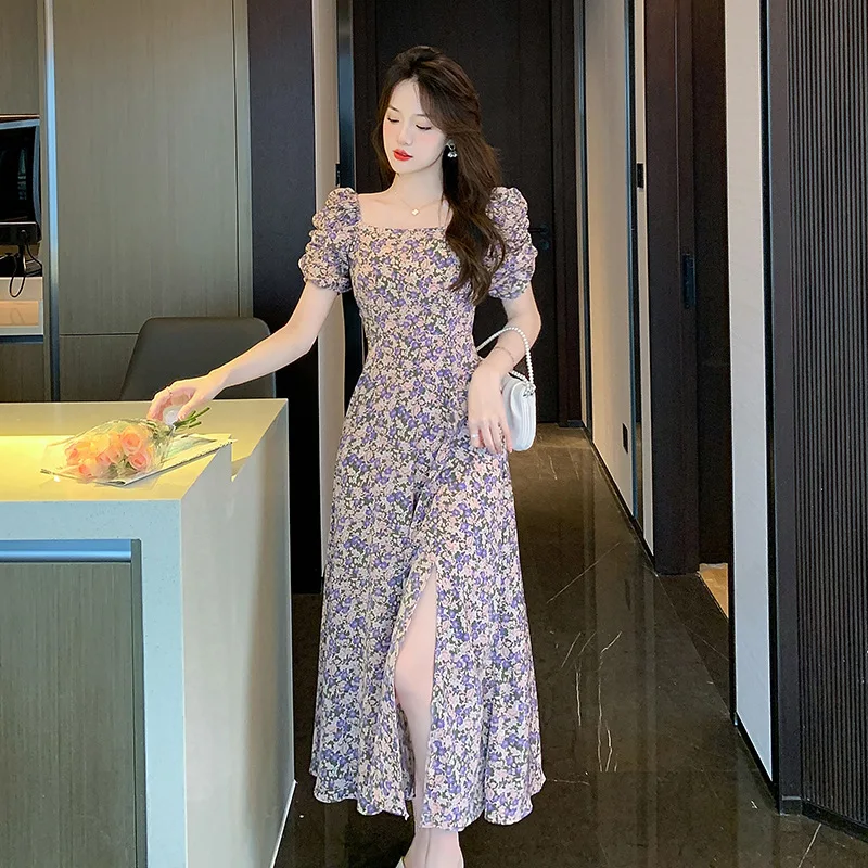 French square neck bubble sleeves floral mid length dress for women 2024 summer new collection waist cut A-line skirt trend