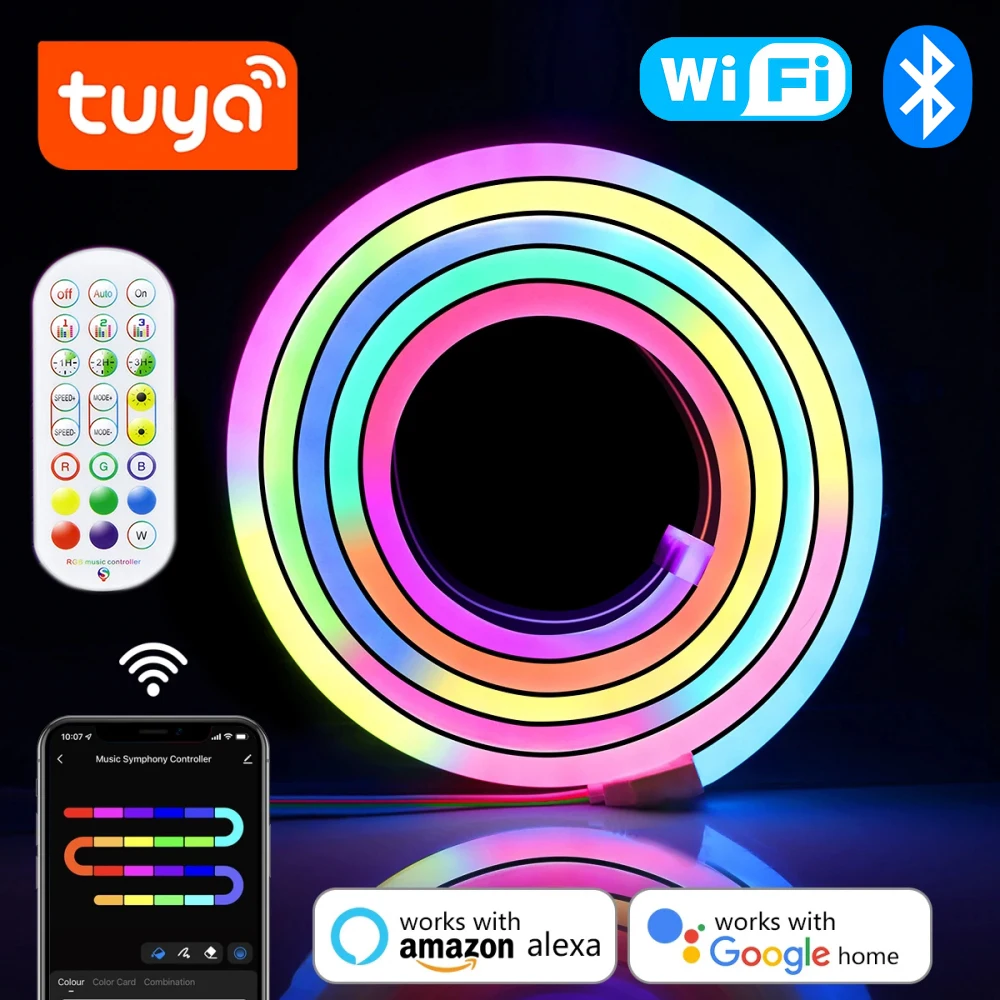 Tuya Smart WIFI RGBIC Neon Rope Light Strip, 5V USB Powered, App & IR Remote Control, For Home Decoration Christmas Halloween