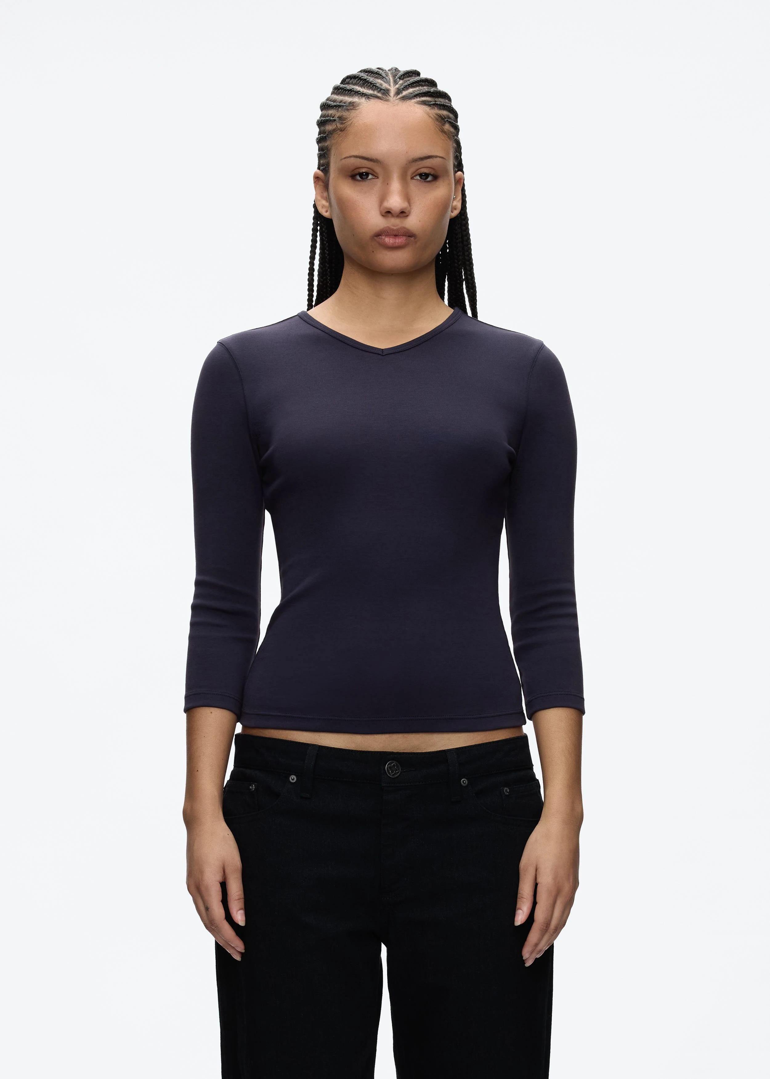 Tank White, Gray-Blue, Small V-Neck, Regular Shoulder, 3/4-Length Sleeve Top, Black Tight, Waist-Cinching T-Shirt as a Base Laye