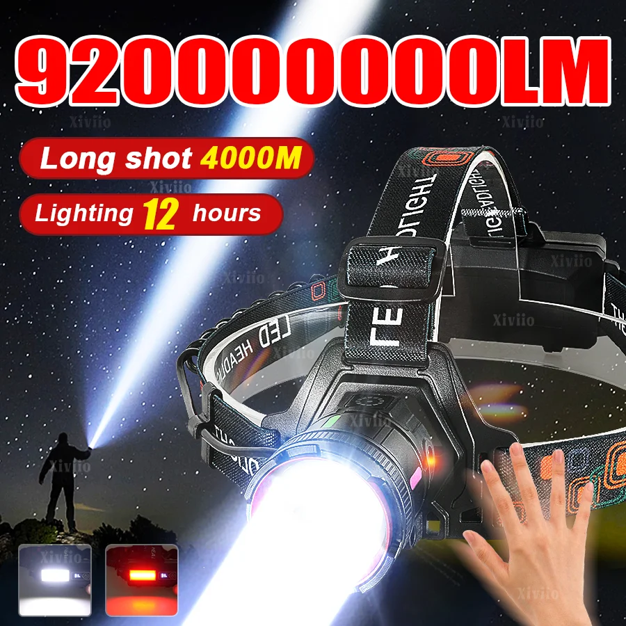 

Сверхмощный светодиодный налобный фонарь 92000000LM с датчиком, яркий свет, дальность 4000 м, перезаряжаемый, для кемпинга и рыбалки