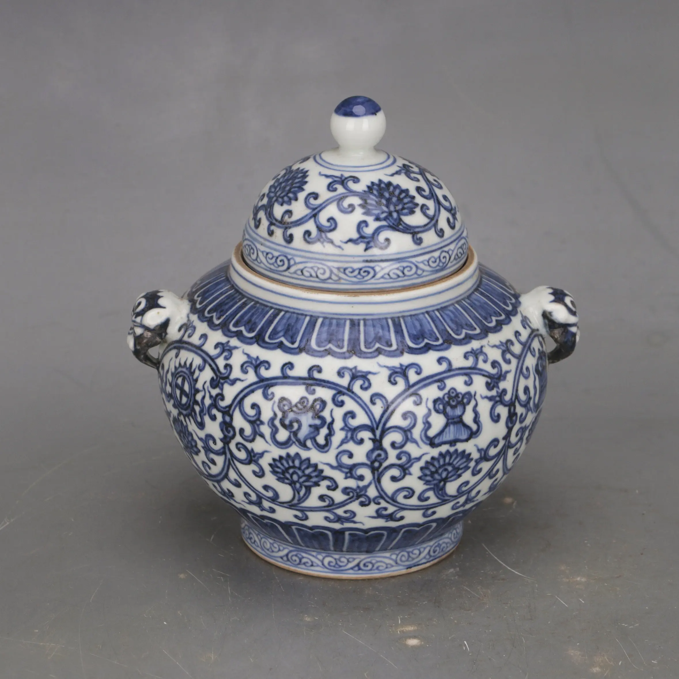 Ming Style Covered Jar Lion Finial Double Handles Scroll Flowers Eight Treasures Chinese Porcelain Home Decor Collectible
