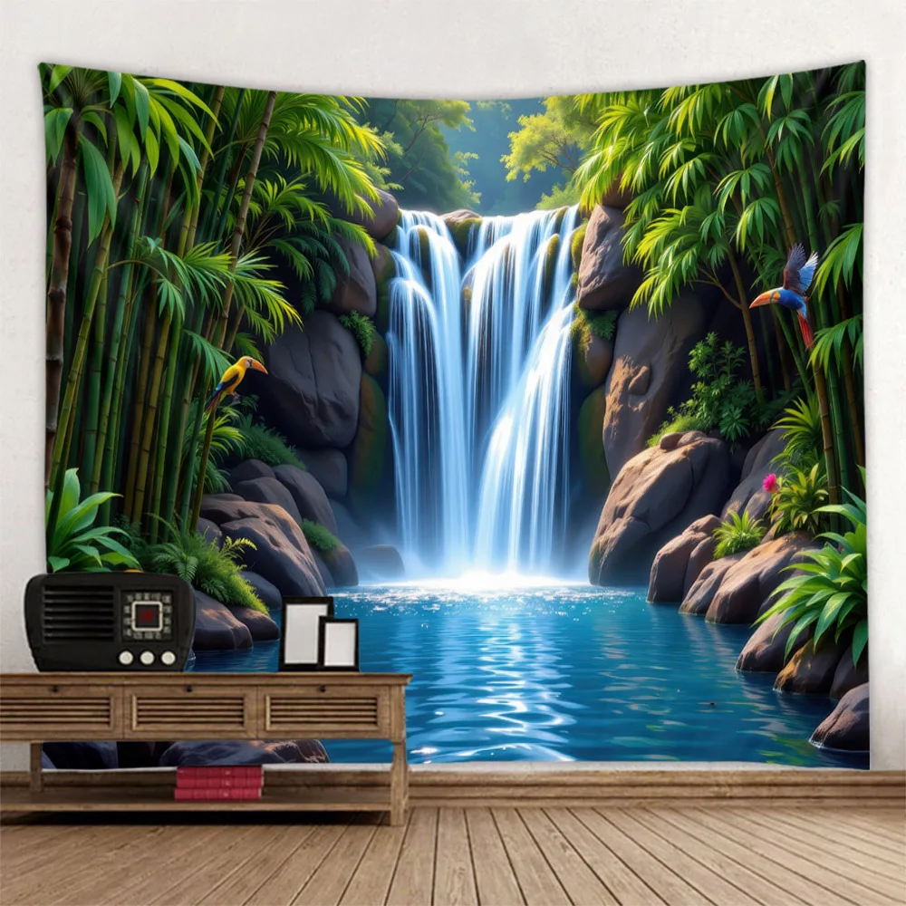 Butterfly Grass Green Leaf Waterfall Forest Tapestry Wall Hanging Durable Machine Washable Home Decorative Artwork