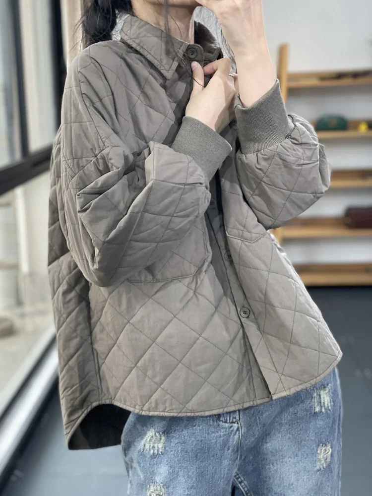 

Women Gray Cotton Bomber Jacket Coat Loose Turndown Collar Long Sleeve Casual Thicken Autumn Outwear Fashion Female Streetwear