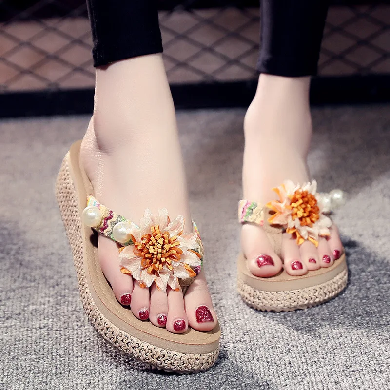 Sandalias de Plataforma con Decoración Floral para Mujer, Antideslizantes, para Playa