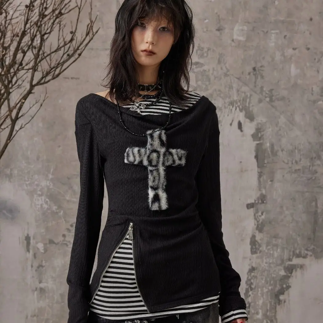 Millennial American-style top design light slim letter punk T-shirt printed knitted sweater long-sleeved hot girl Y2K Fashion