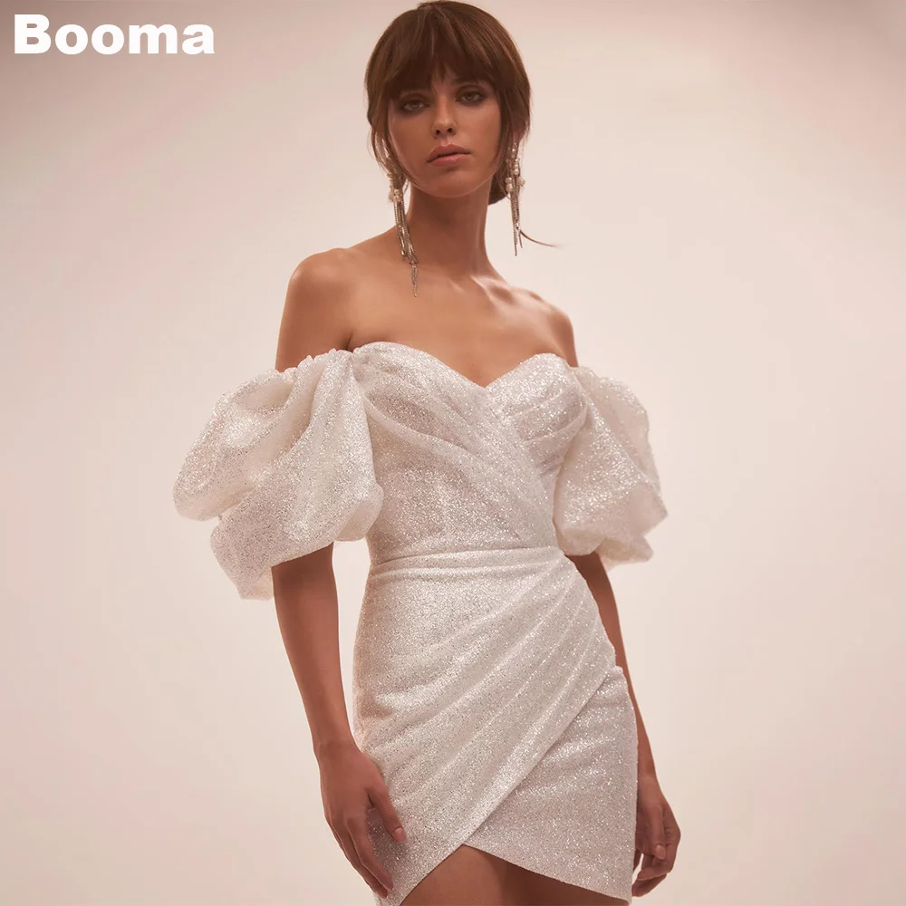 

Booma Glitter Short Mermaid Wedding Party Dresses Sweetheart Puff Sleeves Brides Prom Gowns Shiny Cocktail Dress Lace Up