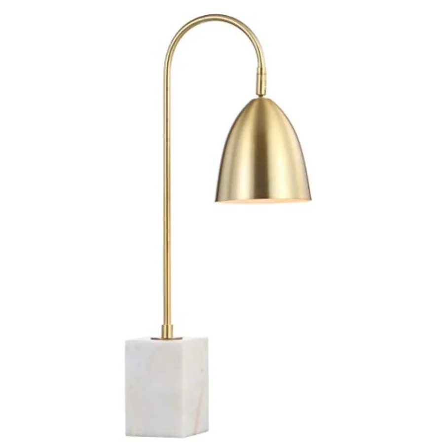 

26" Brass Gold Arched Metal Table Lamp with White Marble Base, Modern Glam Desk Lamp for Living Room, Bedroom or Home Office, L