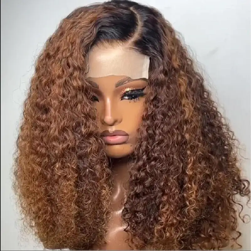 

Soft Ombre Honey Blonde Brown 26”Long 180Density Preplucked Glueless Kinky Curly Lace Front Wig For Black Women BabyHair Daily