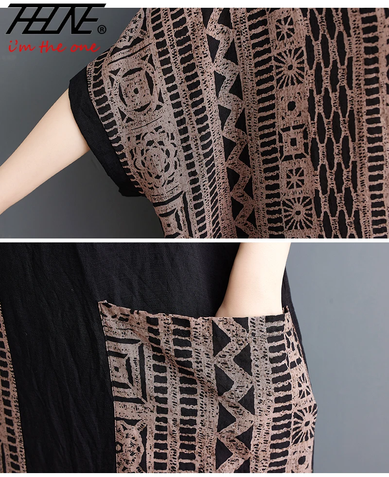 THHONE New Dress Women Summer V-Neck Vintage Loose Patchwork Pockets Beach Style Casual Plaid Bohemian Robe Long Maxi Dresses