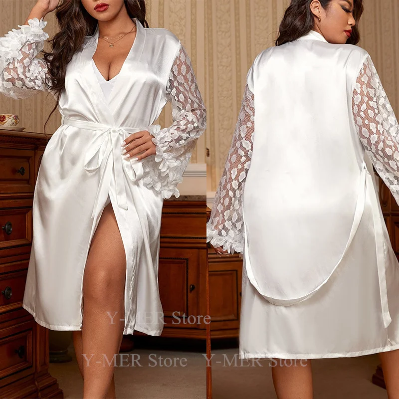 Over Size 3Lx4Xl5Xl Bride Wedding Robe Lady Sexy Lace Sleeve Kimono White Satin Home Dressing Gown Women Casual Nightgown