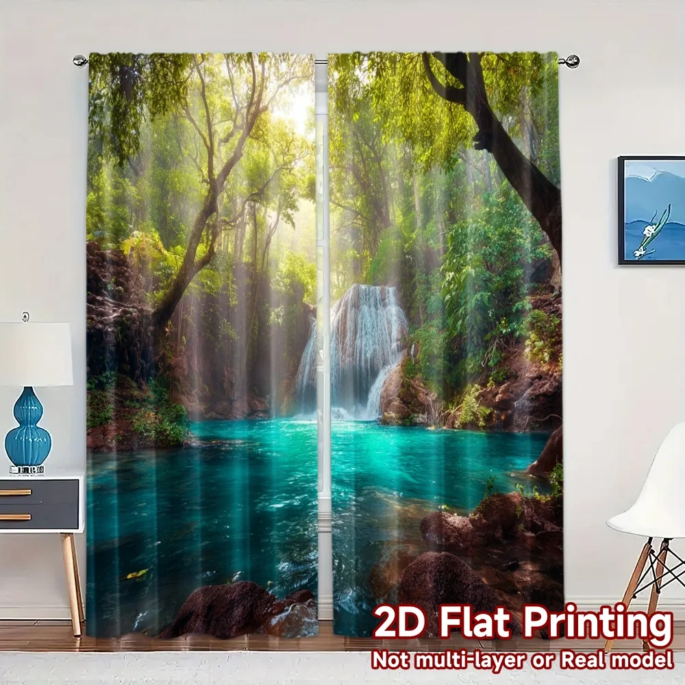 2pcs, 2D FLAT PRINTING Curtains (Without Rod) Emerald Cascade Creative Popular Curtains Machine Washable Fabric Curtains