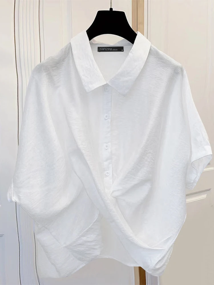 

2025 ZANZEA Summer Office Shirts Casual Women Blouses Elegant Lapel Neck Short Sleeve OL Blusas Stylish Solid Knotted Tunic Tops