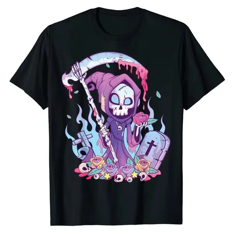 Pastel Goth Creepy Death Grim Reaper Kawaii Occult Menhera T-Shirt Anime Cartoon Graphic Tee Tops Harajuku Aesthetic Clothes