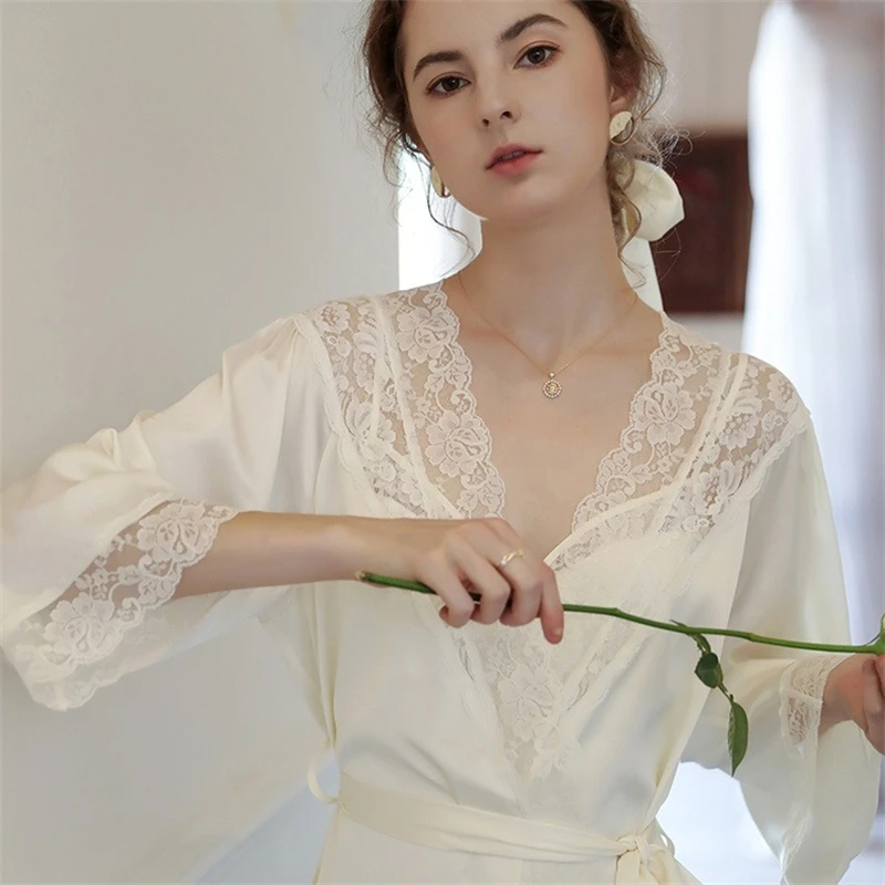 Court Style Pajamas Summer Thin Ice Silk Sleepwear V-Neck Sling Dress and Robe Two Piece Set Leisure Home Suit Women's Clothes