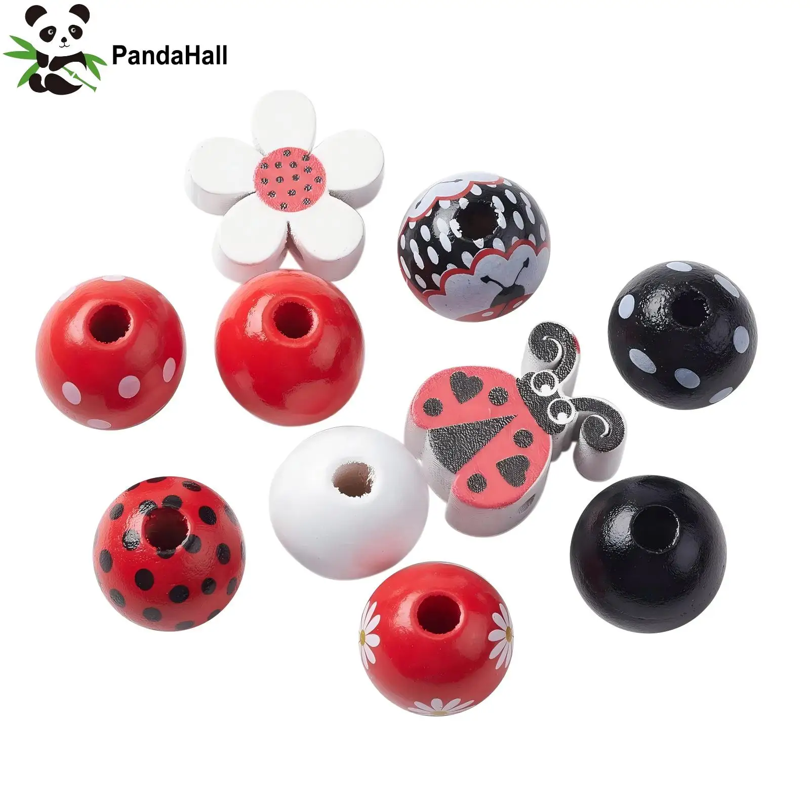 

PandaHall 50Pcs 16mm Wooden Round Beads White Red Black Beads Ladybug Wooden Beads for DIY Party Decoration Bracelets Making