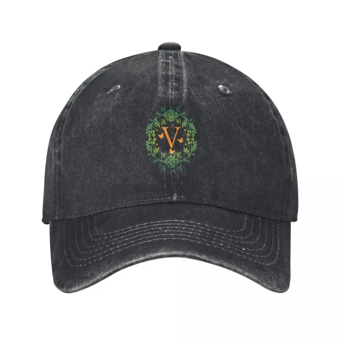 Ornamental Letter V, Green And Yellow Flowers And Butterfly, Monogram Letter Ornament Baseball Cap