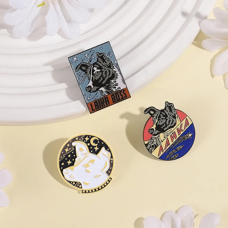 Cartoon Space Dog Brooch Enamel Pins Custom Laika USSR Astronaut Souvenir Brooch Backpack Lapel Badge Animal Jewelry Gift Friend