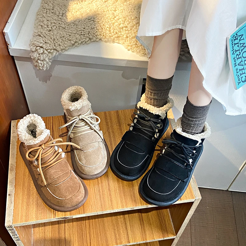 أحذية الثلوج الشتوية الجديدة لعام 2025، أحذية نسائية قصيرة من جلد الغنم، أحذية قطنية دافئة مبطنة بنعل سميك #6