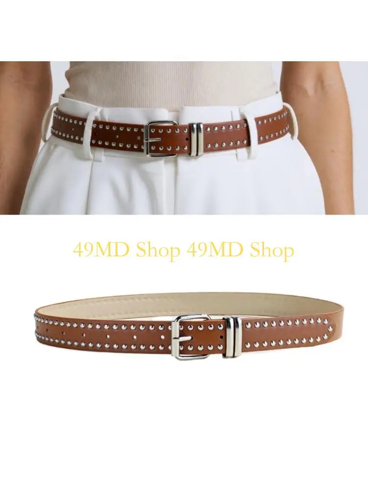 49MD Talented Punk Belt For Jeans And Dresses Adjustable Length PU Leather Strap With Metal Secure Embellishments