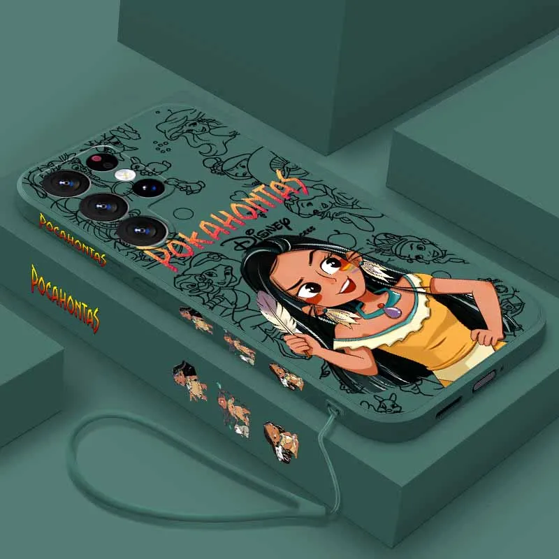 Funda líquida con cuerda para Samsung A73 A72 A71 A60 A57 A56 A55 A54 A53 A52 A36 A34 A32 A26 A17, diseño Pocahontas Disney