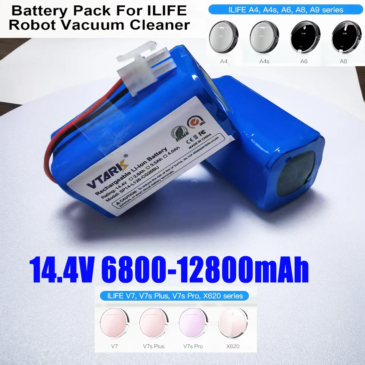 

★14.4V12.8Ah rechargeable battery, FOR ILIFE A4 A4s V7 A6 V7s Plus robot vacuum cleaner battery, large capacity and more durable